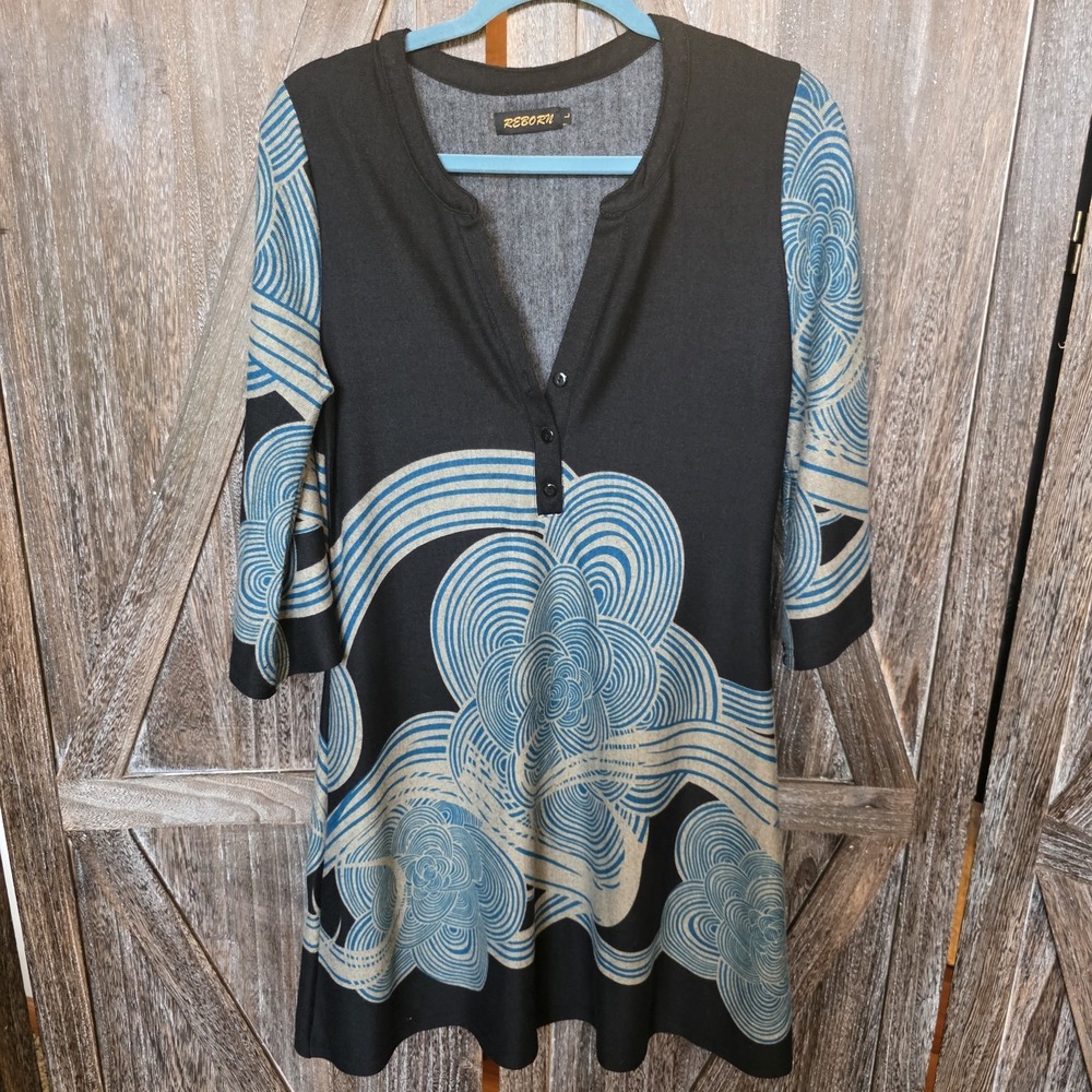 Reborn Dress Women's‎ Size Large Black Gray Teal Boho Swirl 3/4 Sleeve V-Neck